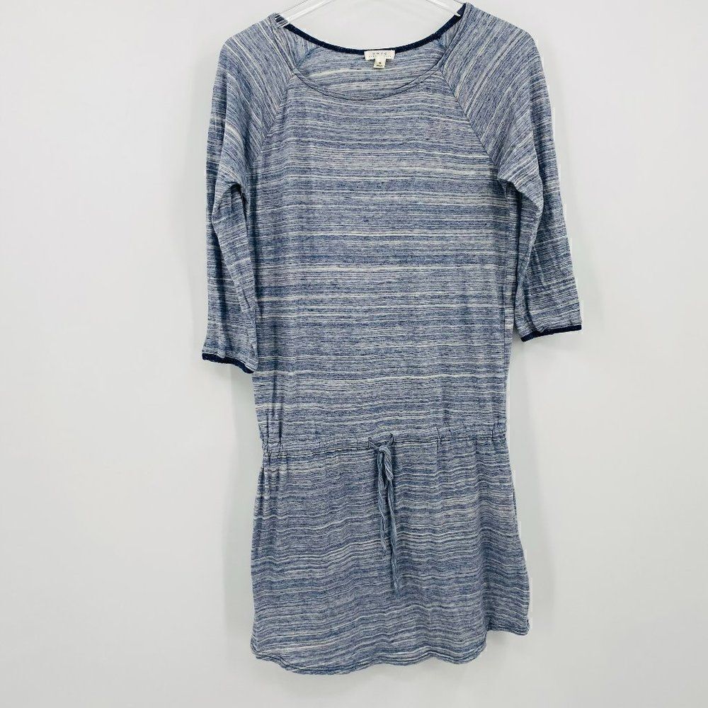 Soft Joie Size Small Blue Gray Striped 3/4 Sleeve Drop Tie Waist Dress